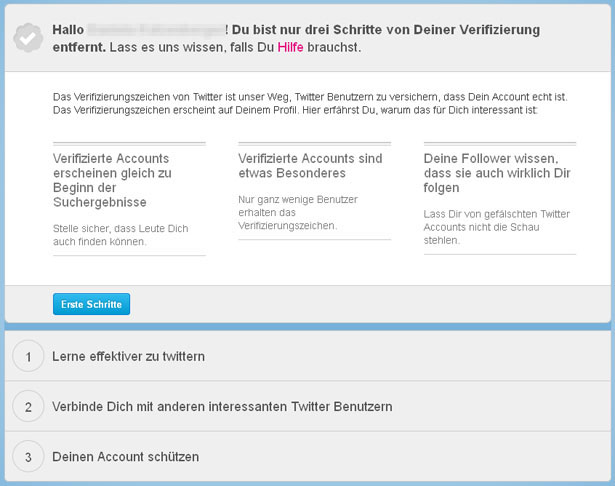 Die drei Schritte zum verifizierten Twitter-Account. (Screenshot: Frank Krause / Twitter)