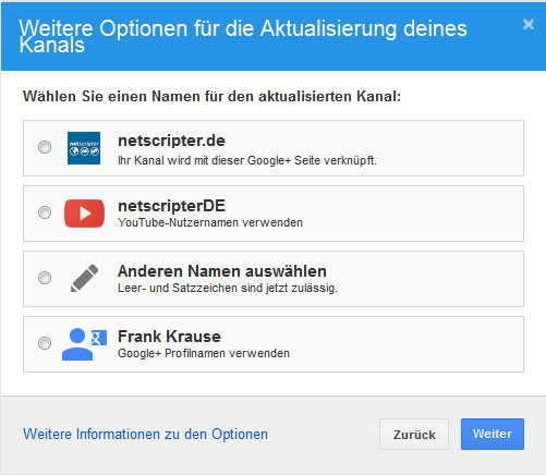 Mit welchem Google+ Account soll der Youtube-Account verknüpft werden? (Screenshot: Frank Krause / Youtube)